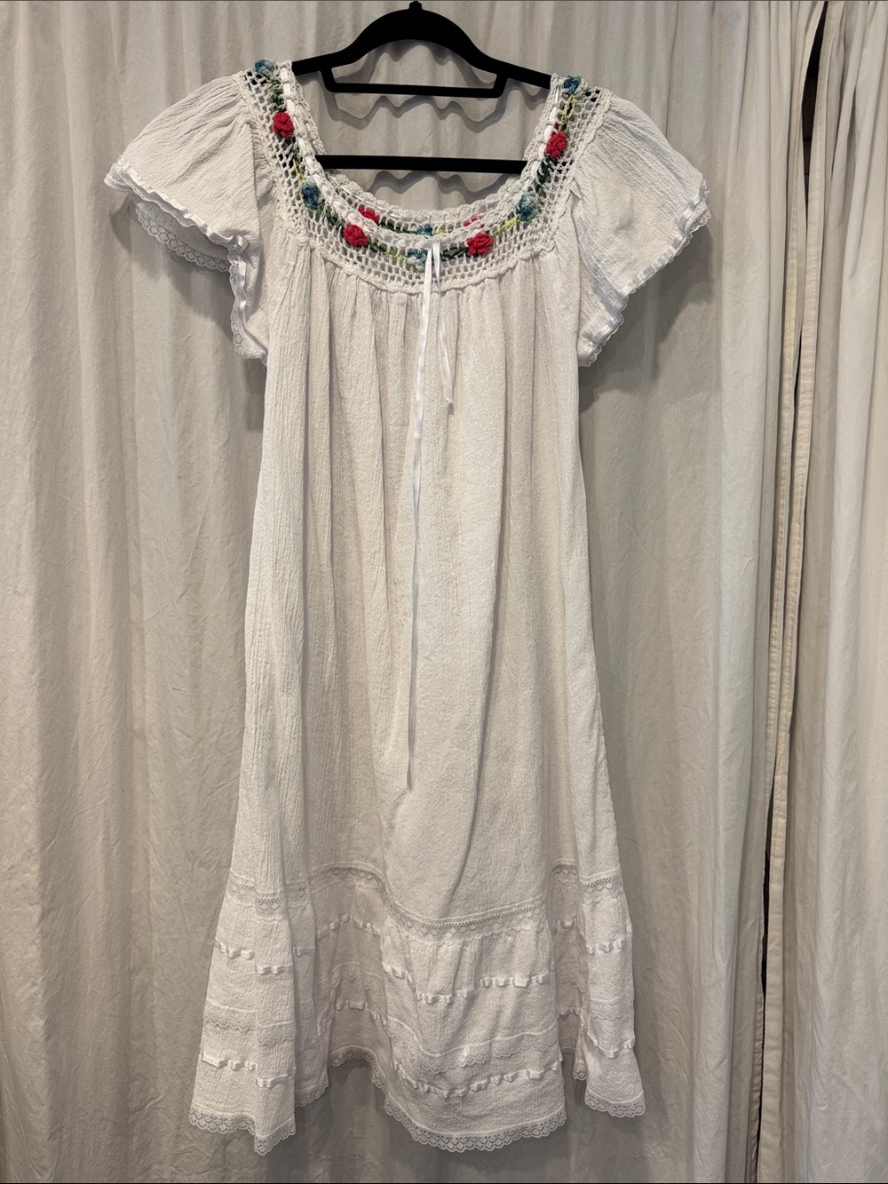 White Embroidered Peasant Maxi Dress with Rose Accents